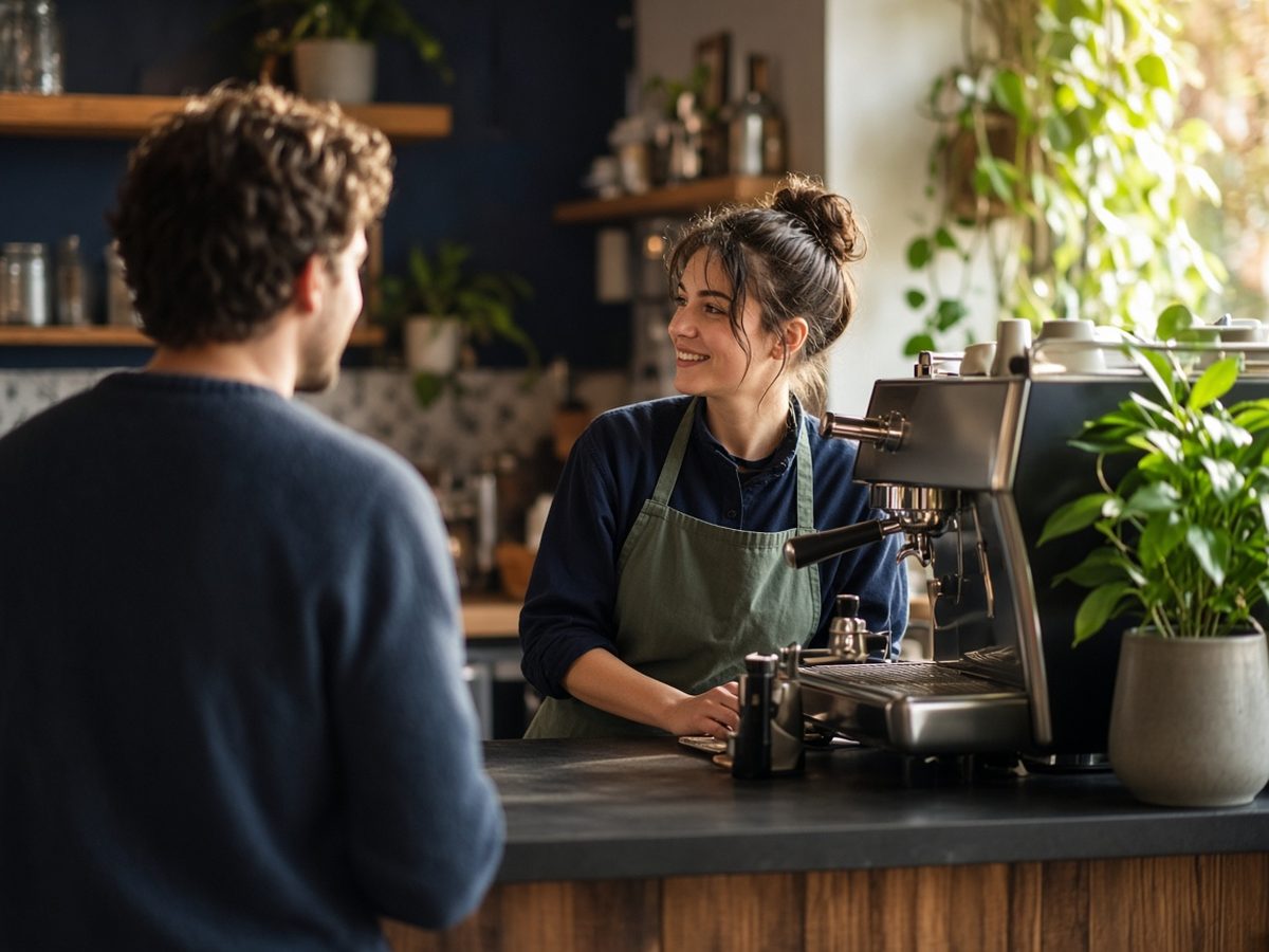 Barista in a sage apron smiling at a customer across the coffee bar