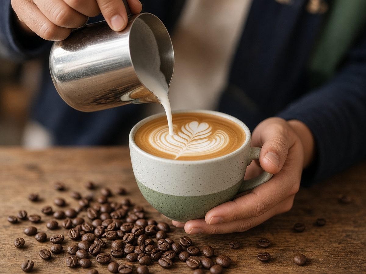 Barista pouring latte art into a sage-green cup beside scattered coffee beans