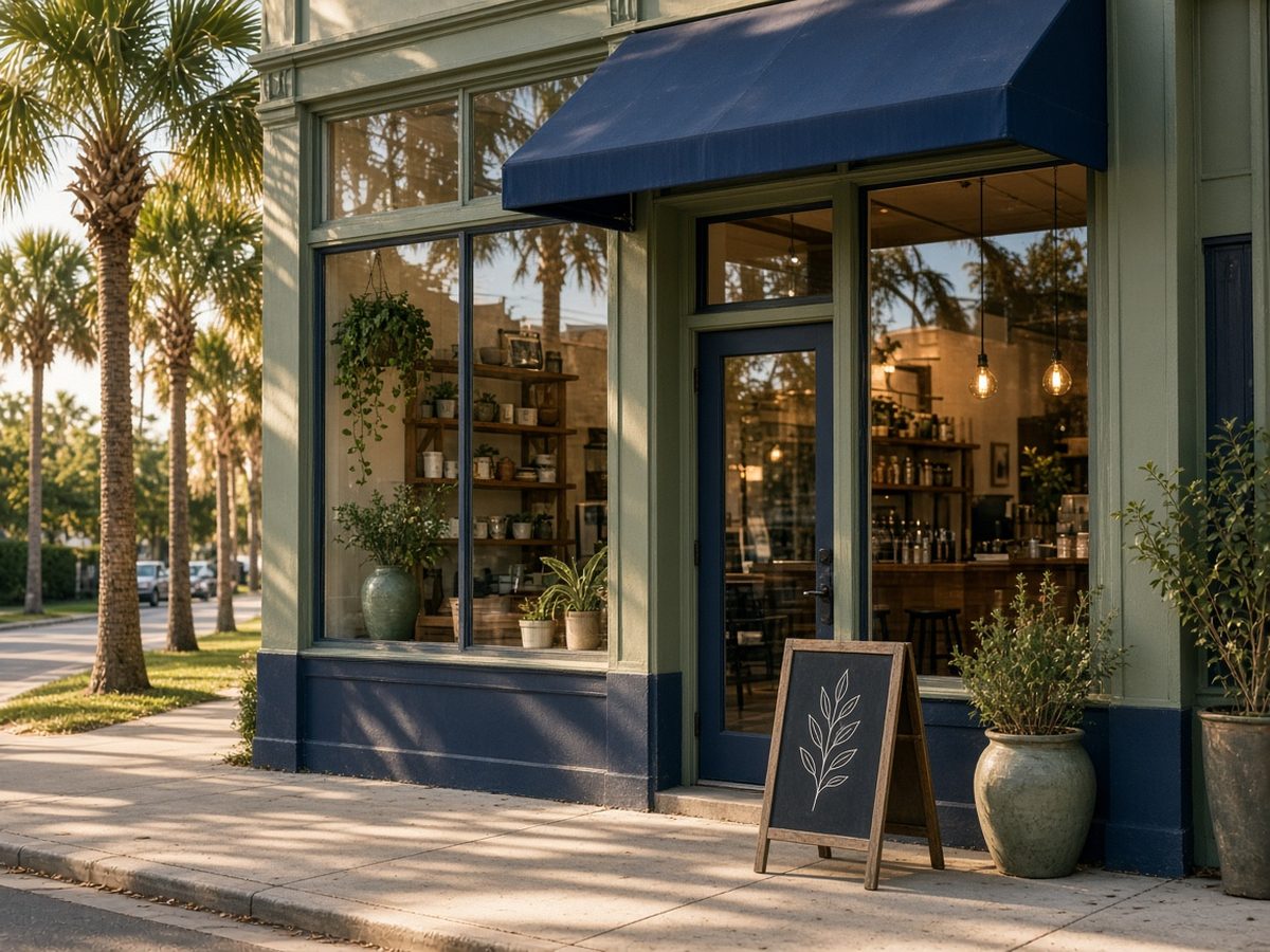 Sunlit coffee shop storefront with a navy awning on a palm-lined street
